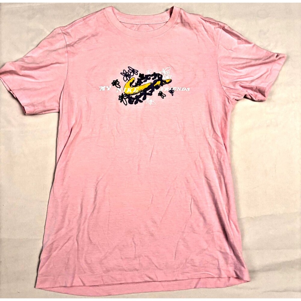 Nike Graphic Pink T-Shirt Small Swoosh Logo "My Nike Friends" Just Do It Streetw